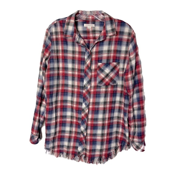 beachlunchlounge Tops - BeachLunchLounge | Elyse Red Blue Plaid Frayed Hem Button Down Shirt, Medium